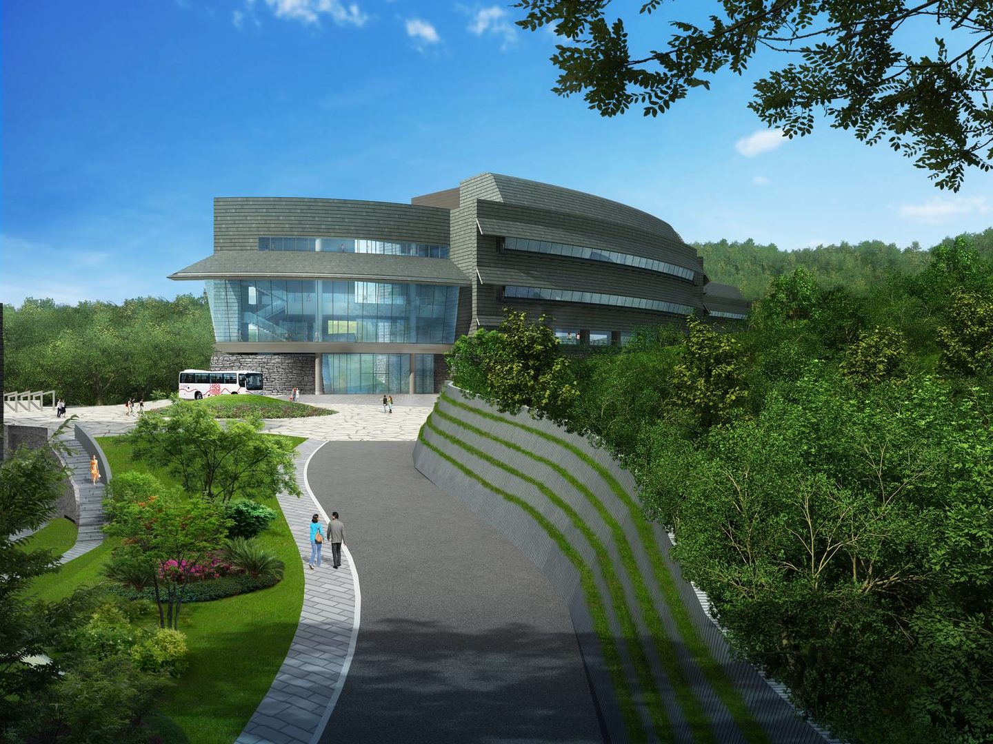 Computer graphic scene of large brown lab building with large windows.