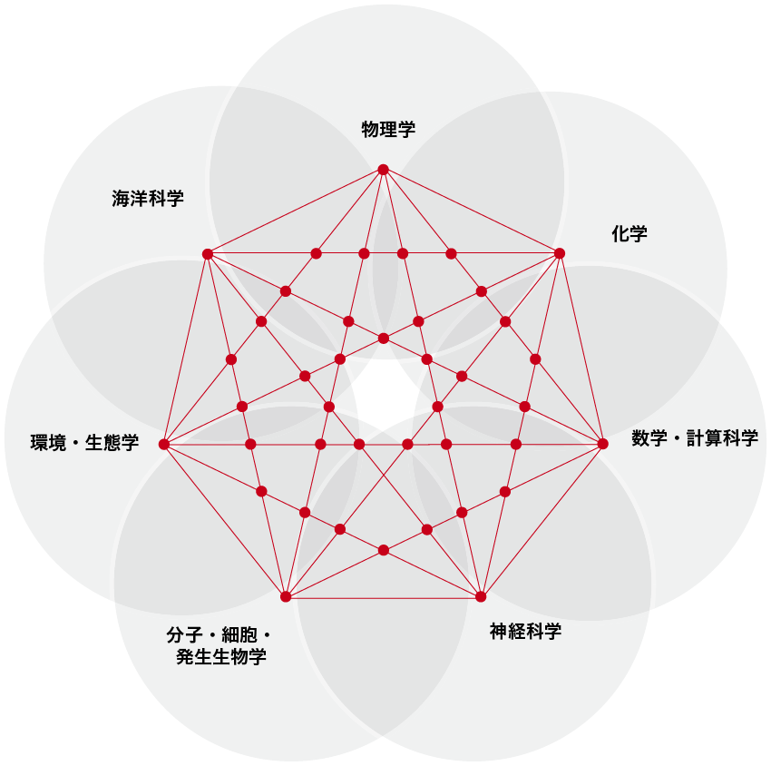Circles representing research fields with lines draw between to represent interdisciplinary research and points of intersection.